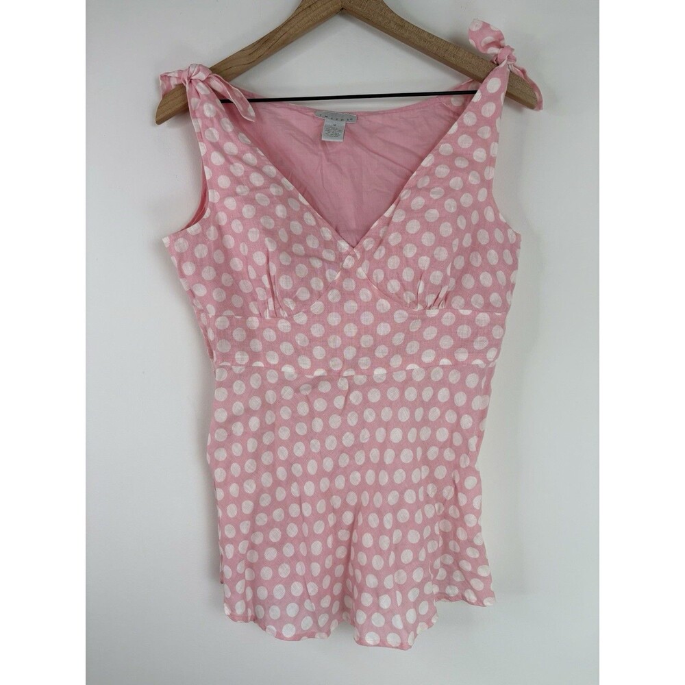 Tweeds Vtg Pink Polka Dot 100% Linen Tie Strap Tank Top Cami 90s Y2K Sz M